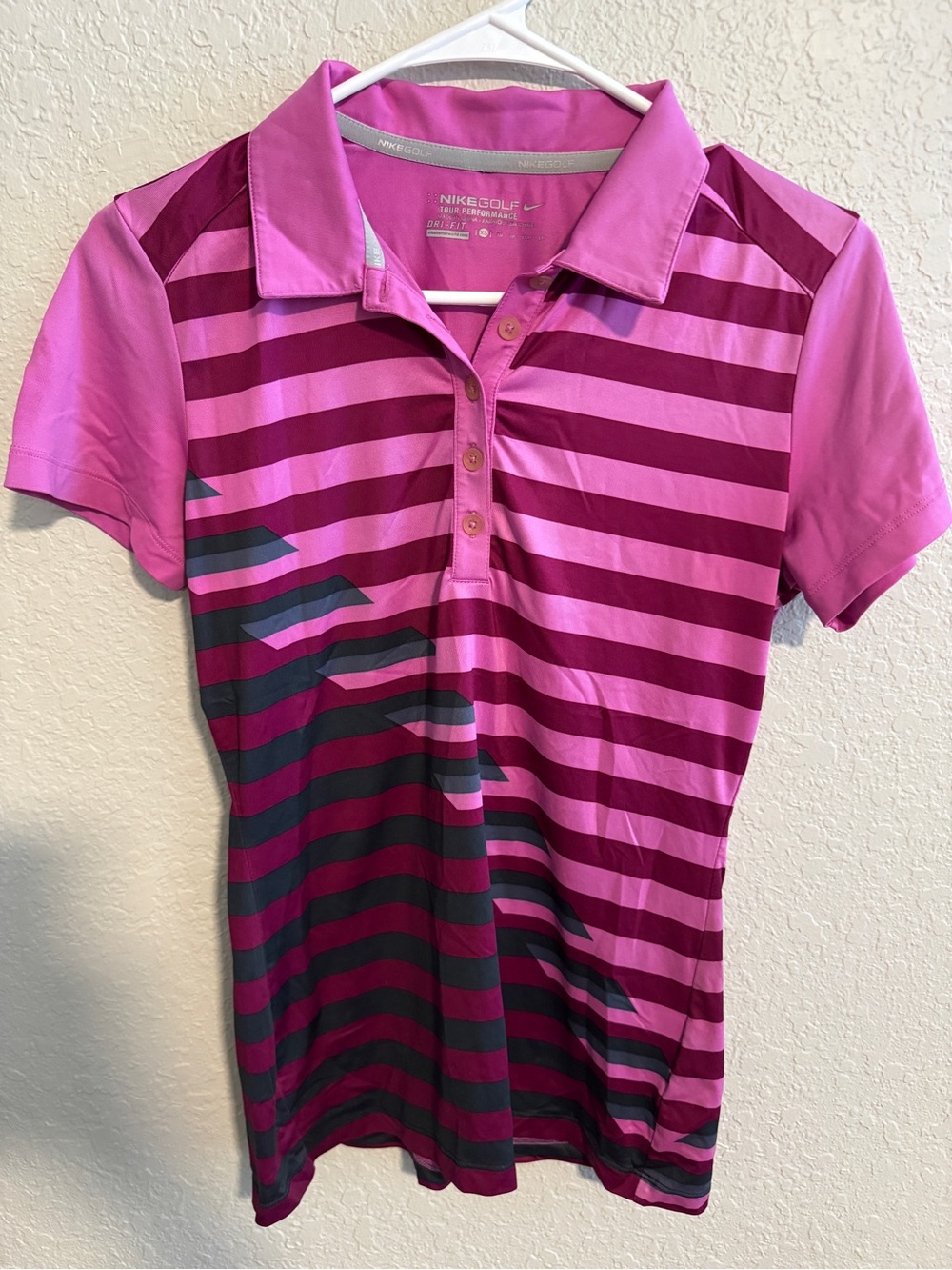 Nike Golf Pink & Burgundy Striped Dri-Fit Polo